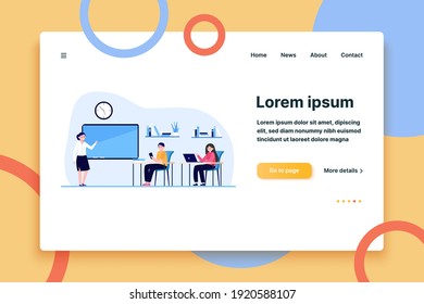 Students in classroom flat vector illustration. Cartoon young characters listening teacher during lesson in college. Study and education concept