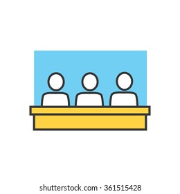 Students in classroom icon. Group, class, group training, exercise class. School lesson. Training classroom icon. Training, education, presentation room. Group of people at table. Vector isolated icon