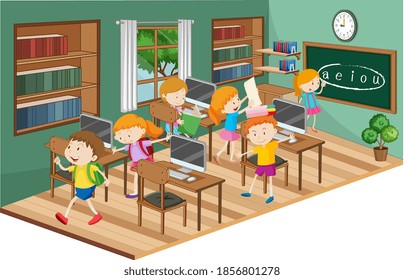 Estudiantes en el aula con muchas ilustraciones de computadoras