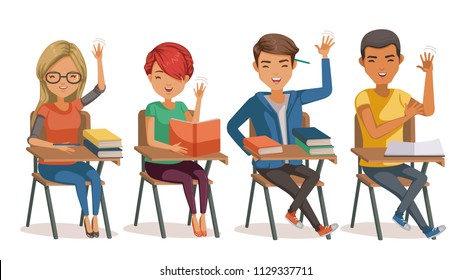 students in classroom studying. group of multiethnic diverse hands raised. four people sit on a chair in the classroom. Cartoon illustrated vector isolated on white background.