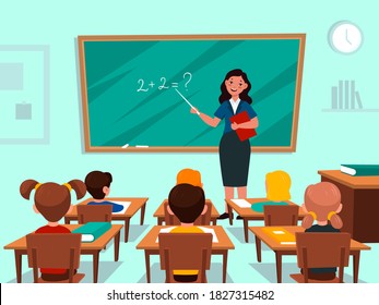 Students in classroom. Teacher near blackboard in auditorium teaches maths lesson, children study subject kids group studying in elementary or primary school class interior cartoon vector flat concept