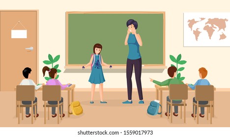 Students at classroom vector illustration. Confused girl with ink stains on clothes at class teacher standing near blackboard. School classroom, schoolchildren at lesson characters