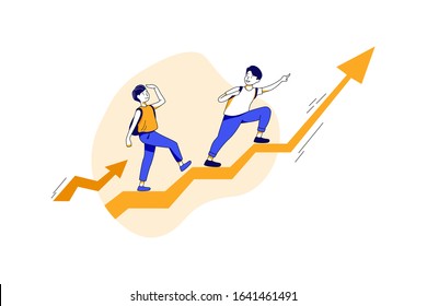 Students climbs up the steps on growth chart. Can use for web banner, mobile app, hero images. Flat vector illustration on white background.