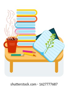 Student's coffee table. The concept of the learning process. Books, pencils, pens, tablet, coffee mug. Flat cartoon style. Isolated vector