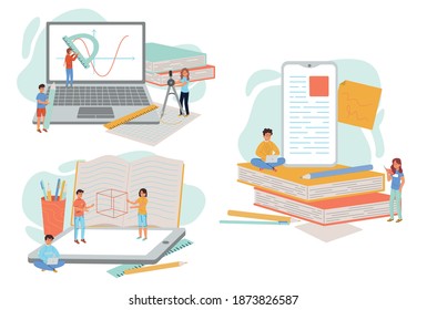 Students collection with learning and studying. Cartoon character flat vector illustration.