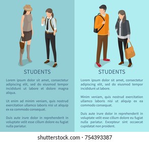 Students collection of posters with text depicting young adults. Isolated vector illustration of dark-haired man and casually-dressed slim women