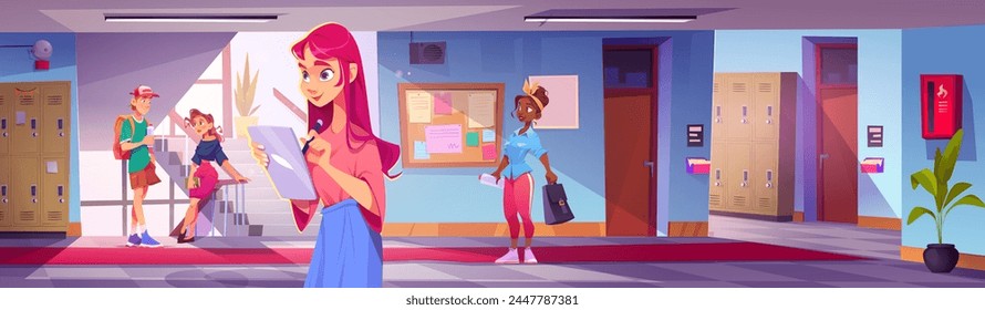 Students in college or high school hallway. University hall interior with stairs and windows, doors to classrooms and lockers. Cartoon vector of young persons inside education building corridor.