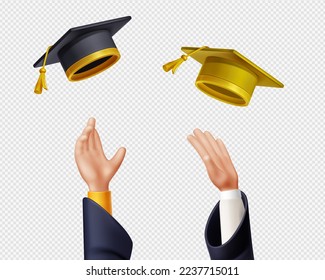 Students, college or university graduates throw up black and gold caps in air. People hands and flying graduation hats isolated on transparent background, vector 3d illustration