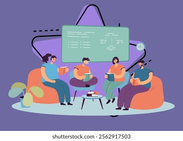 Students of college or university reading books in classroom. Group of people sitting together in chairs at class board with information flat vector illustration. Club of readers, education concept