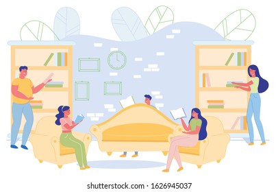 Students Company Sitting at Library and Reading Books Flat Cartoon Vector Illustration. Boys and Girls on Couch and Armchairs. Learning Together, Teamwork in Group. Shelves with Textbooks.