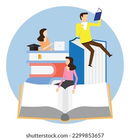 Students complete their studies by reading, Vector illustration in flat style