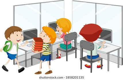 Students with computer classroom elements on white background illustration