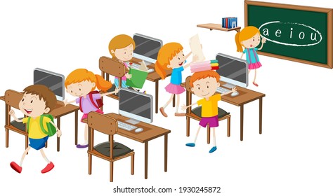 Students with computer classroom elements on white background illustration