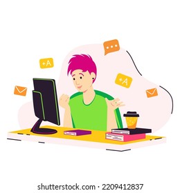 Students at the computer. The concept of online learning. Communication through gadgets