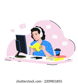 Students at the computer. The concept of online learning. Communication through gadgets