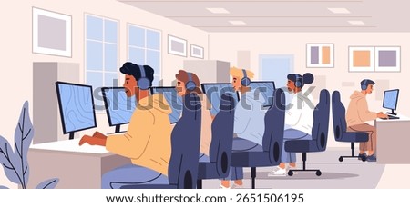 Students computer lab learning technology teamwork classroom modern workspace diverse people headphones screens desks bright interior