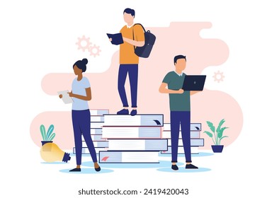 Students with computers and books standing while studying, taking education and doing school work together as a team. Studying concept in flat design vector illustration with white background