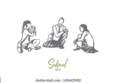 Students concept sketch. Children talking before study. Teenagers spending time together after class. Having conversation with classmates. Having lunch in school backyard. Isolated vector illustration