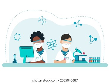 Students conduct chemical experiments. The concept of specialized education from adolescence. Completing the assignment online. Scientific School of Chemistry. Vector. Cartoon style