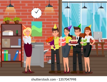 Students Congratulate Lecturer, Educator Vector. Birthday Party at Workplace. Creative Loft Office Interior. Colleagues, Coworkers Greeting Businesswoman. Managers, Workers with Flowers and Presents