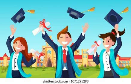 Students with Congratulations Throwing Graduation Hats in Air Celebrating. Vector Illustration of Bachelor Characters End High School University Education.