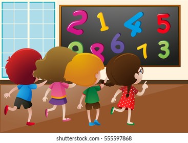 Students counting numbers on the board in class illustration