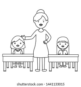 students couple sitting in schooldesk with female teacher