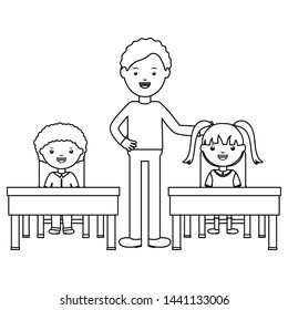 students couple sitting in schooldesk with male teacher