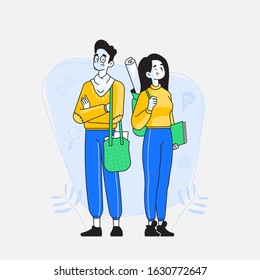 Students. Couple of student characters standing together, books and university projects in their shoulder bag and backpack, education related icons on background vector illustration