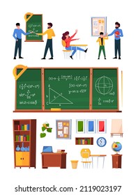 Students. Creation kit for school education background with people teachers furniture accessories garish vector flat pictures set