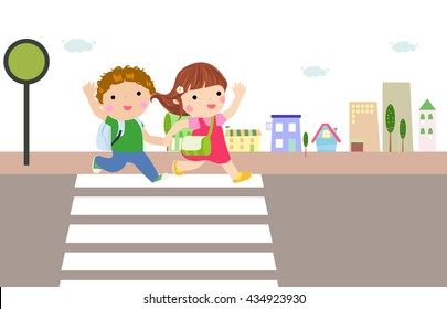 Estudiantes cruzando la ilustración de la carretera