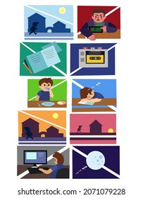 Student's daily routine.
Vector illustration.