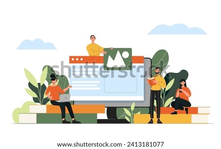 Students day poster. Men and women near comuter screen and textbooks. Education, earning and training. Knowledge and wisdom. Cartoon flat vector illustration isolated on white background