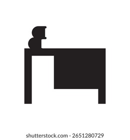  students desk and book icon. Tired student leaning on table, great for homework or study fatigue themes.