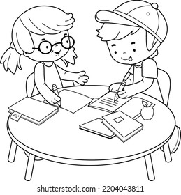Students at a desk doing their homework. Vector illustration