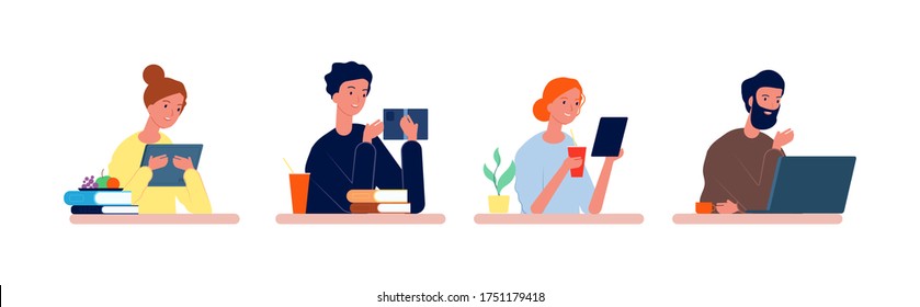 Students at desk. Exam preparation, people reading, drinking and eating. Smile woman man studying vector illustration