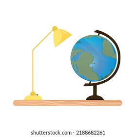 student's desk with a globe and a lamp. Vector flat illustration of the concept of education and knowledge