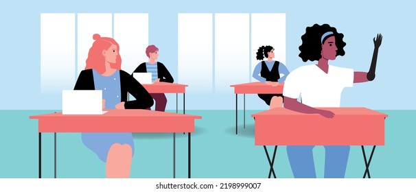 Students at desk in school or college class, flat vector stock illustration, children or adolescents of different ethnic groups, gender, disability