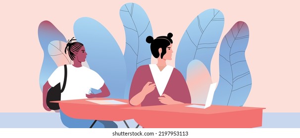 Students at desk at school lesson, flat vector stock illustration with children in classroom and leaves