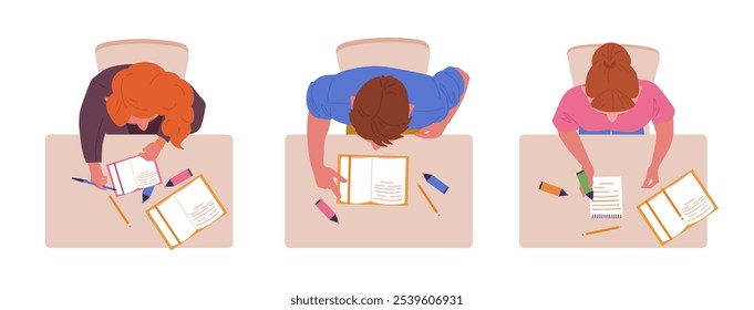 Vista superior dos estudantes nas mesas. Alunos estudando e lendo livros, alunos sentados em sala de aula vista de cima conjunto de ilustração vetor plana. Sala de aula com vista superior dos alunos