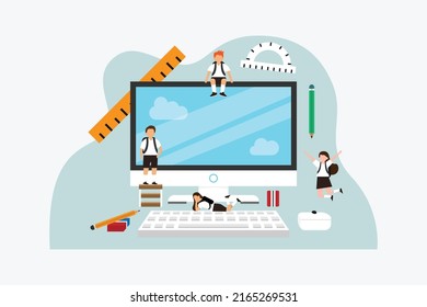 Students with a desktop computer 2d flat vector illustration concept for banner, website, illustration, landing page, flyer, etc.