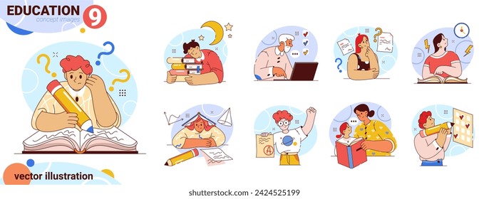 Students of different age studying for test or exam. Vector isolated flat cartoon characters learning disciplines, reading books and preparing for examination. Writing essay and solving problems