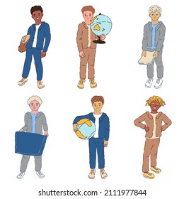 Students different characters set. Schoolboys in uniform with workbook, model of Earth, schoolbox. Secondary school pupils. Schoolchildren standing poses vector illustration