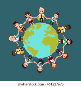Students of different nationalities around the world. Vector illustration of a flat design
