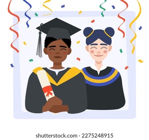 Students of different nationalities celebrating graduation. Portrait of students in robes. Illustration in flat style.