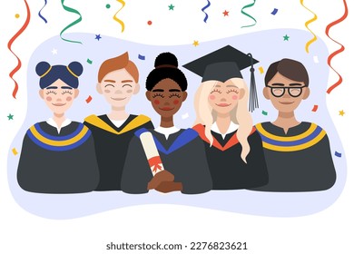 Students of different nationalities celebrating graduation. Portrait of a group of students in robes. Vector illustration in flat style. 