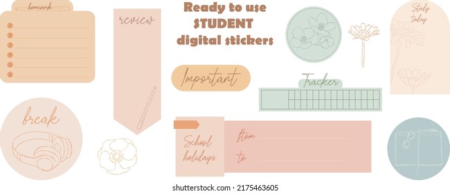 Student's digital stickers. Digital note papers and stickers for bullet journaling or planning. Ready to use digital stickers for digital planner. Hand lettering. Minimal style. Vector art.