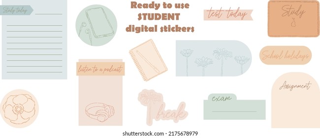 Student's digital stickers. Digital note papers and stickers for bullet journaling or planning. Ready to use digital stickers for planner. Hand lettering. Minimal style. Vector art.