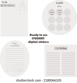 Student's digital stickers. Digital note papers and stickers for bullet journaling or planning. Ready to use student digital stickers with lunch ideas. Minimal style. Vector art.