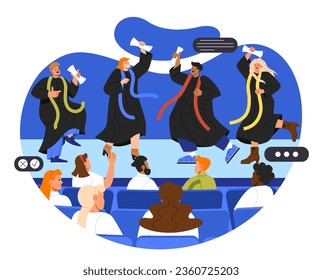 Students with diplomas concept. Men and women in black robes with certificates. People at graduation ceremony. Knowledge, education, learning and training. Cartoon flat vector illustration